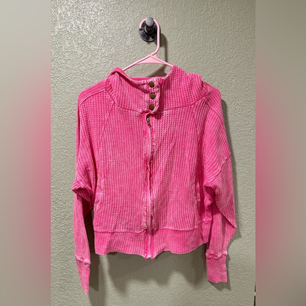 Zenana Outfitters Bright Pink Waffle Zip Up